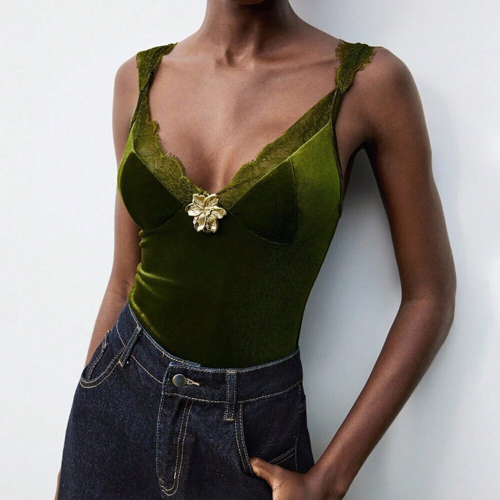 Army Green Casual Women's Velvet Lace Patchwork Tank Bodysuit with Metal Buckle